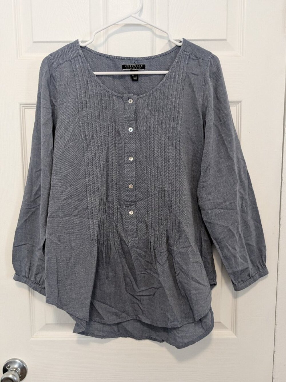 Peruvian Connection Blue Cotton Pintuck Pleated Blouse Size 6 Peasant Tunic Top